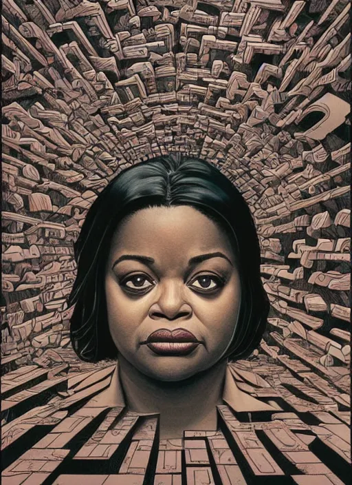 Image similar to poster artwork by Michael Whelan and James Jean, of Octavia Spencer has a invisible shadow man's voice in her head, reality is a labyrinth parking lot, psychological thriller from scene from Twin Peaks, clean, simple illustration, nostalgic, domestic, full of details