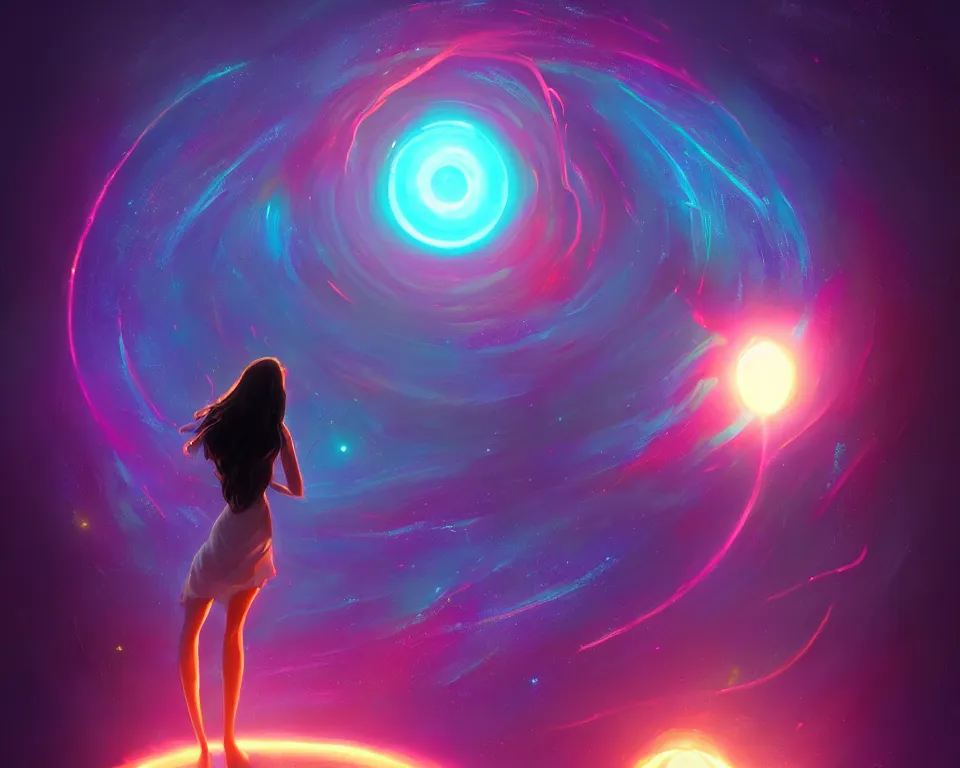 Image similar to a beautiful whimsical woman standing under a multi-colored binary blackhole with an accretion disc, casting magic, glowing trails following her arms,, by Lois van Baarle, by Greg Rutkowski, by artgerm, by beeple, by studio ghibli, cinematic angle, volumetric lighting, 4k resolution, octane render, trending on artstation, masterpiece