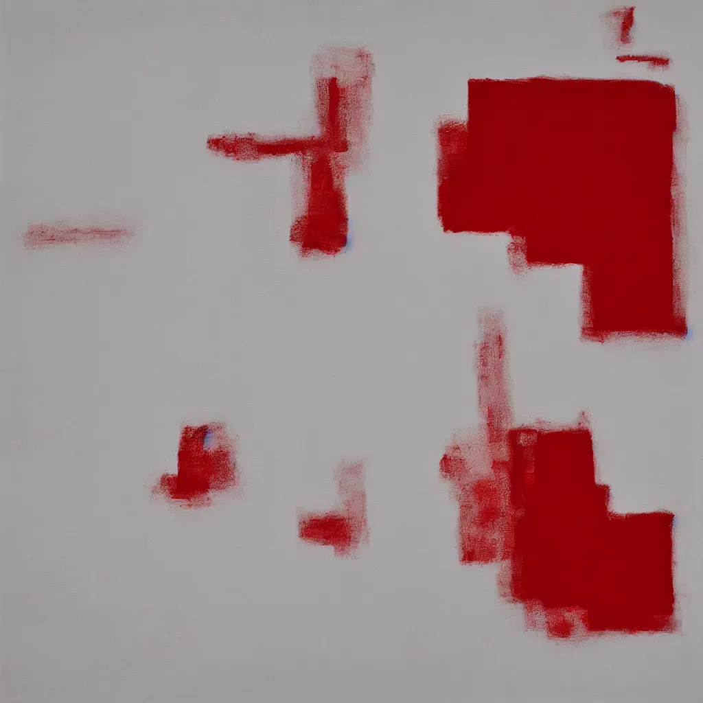 Prompt: A minimalist abstract painting using soft pale colours and milky textures, scratches and a few simple shapes, combined with cinnabar red.