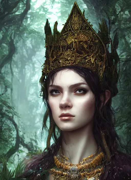 Image similar to Beautiful art portrait of a female fantasy priestess in a dark temple surrounded by lush forest, evening, atmospheric lighting, intricate detail, cgsociety, hyperrealistic, octane render, RPG portrait, ambient light, dynamic lighting