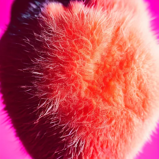 Image similar to a macro photo of a peach's dry hairy skin, form resembling female bum, hyper realistic, hyper detailed, 35mm, very grainy film, pink volumetric studio lighting, bokeh, black background award winning shot, vogue magazine, cinematic, 8k, very closeup, elegant, tender, pastel