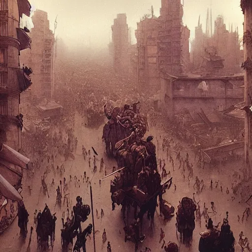 Prompt: portrait of parade of peasants in costumes in the art deco streets of the industrial Undying Empire city of ya-Don during the Festival of Masks, award-winning realistic sci-fi concept art by Beksinski, Bruegel, Greg Rutkowski, Alphonse Mucha, and Yoshitaka Amano