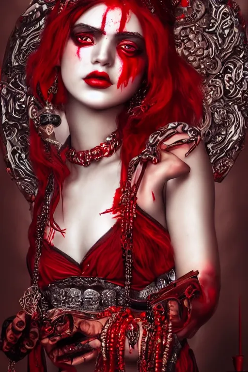 Prompt: portrait of the blood goddess, enigmatic beauty, dominant shades of crimson and red and black, photography, oriental silver ornaments, artstation