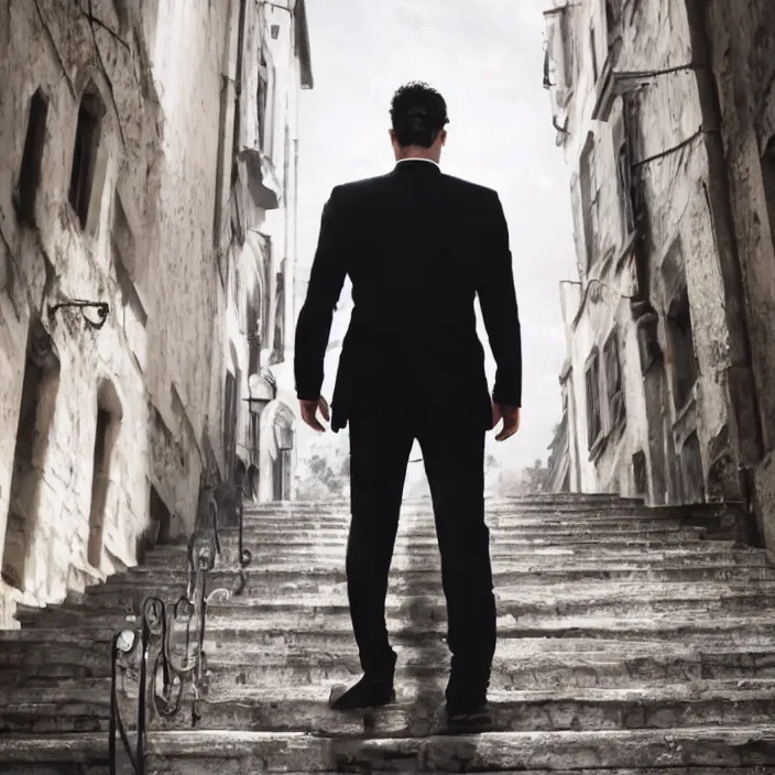 Image similar to cinematic movie, background is castle and steps, with a man wearing a silver melt mask, silver wavy long hair, black suit, 4 k