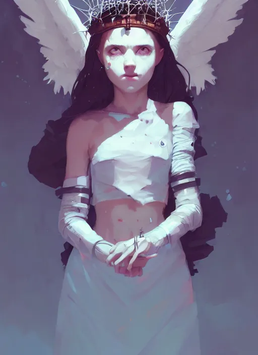 Image similar to portrait of cute angel maiden girl with crown of thorns and white short hairs, warhammer, cyberpunk, by atey ghailan, by greg rutkowski, by greg tocchini, by james gilleard, by joe gb fenton, by kaethe butcher, dynamic lighting, gradient light blue, brown, blonde cream and white color in scheme, grunge aesthetic