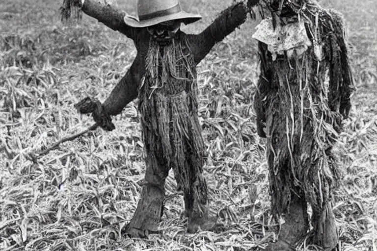 Image similar to disturbing scarecrow from the early 1 9 0 0's burning down the cornfields