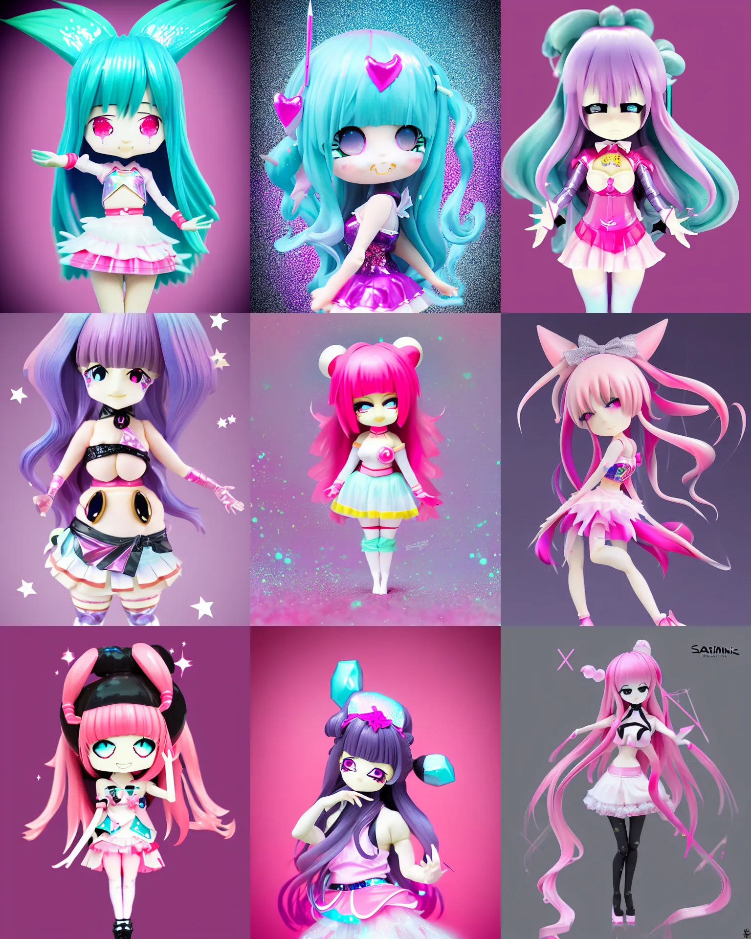 Prompt: sakimi - chan isolated vinyl figure voluptuous harajuku cute magical girl character design, figure photography, dynamic pose, holographic undertones, motion shapes color design, glitter accents on figure, anime stylized, sharp focus, accurate fictional proportions, high delicate defined details, ethereal lighting, global awarded