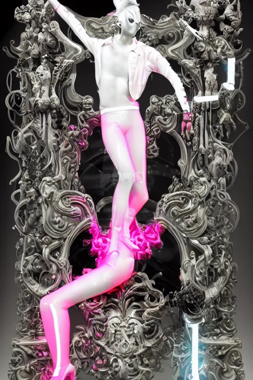 Image similar to full-body rococo and cyberpunk style neon statue of a young attractive Jose macho dotado e rico android sim roupa reclining con las piernas abertas e la piroca dura, glowing white lasers, glowing eyes, silver prince crown, black gears, pink diamonds, swirling mint-colored silk fabric. futuristic elements. ethereal white dripping tar. full-length view. human skulls. large pink balloon animals. intricate artwork by caravaggio. Trending on artstation, octane render, cinematic lighting from the right, hyper realism, octane render, 8k, depth of field, 3D