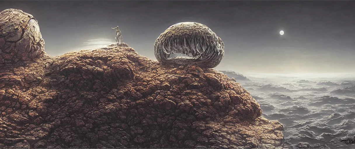 Prompt: detailed hyper realistic alien intelligent crab covered with rock skin which looks deeply unnerving, menacing alien living rock, floating island on a barren exoplanet, beautiful dramatic moody lighting, cinematic atmosphere, by Jean Giraud, Alex Grey, Zdzislaw Beksiński, Dan Mumford, Patiphan Sottiwilaiphong, Yintion J - Jiang Geping