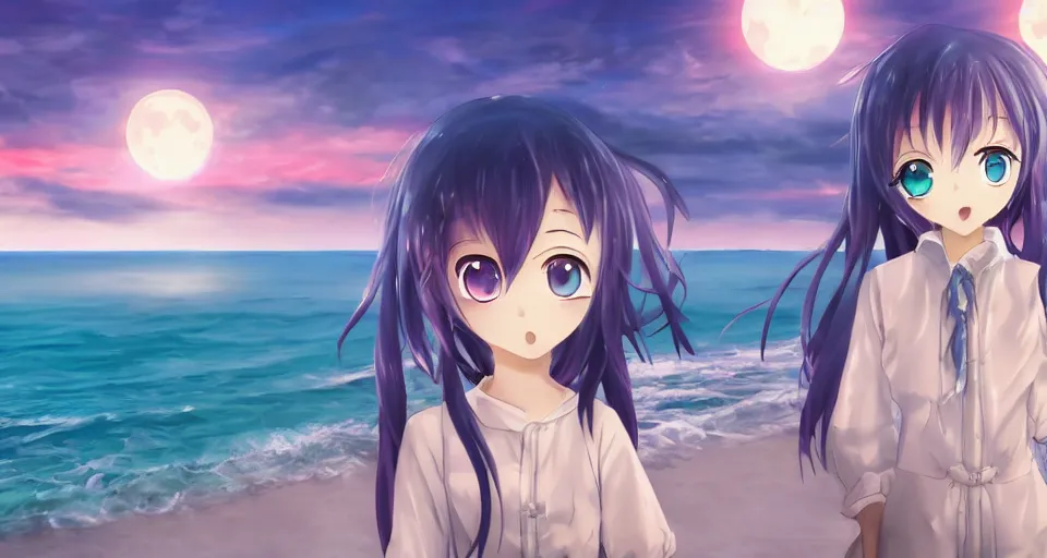 Image similar to one anime girl standing on a pier with the ocean as background at twilight, her blue shiny detailed eyes are looking at the camera, cute, big moon above the water, colorful, magical, detailed face, small nose and mouth, 8k, based on Puella Magi Madoka Magica