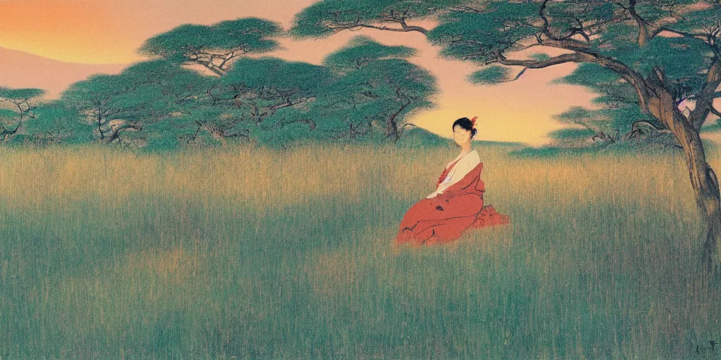 Prompt: painting of a woman in the savannah at golden hour by kitano tsunetomi, 1 9 3 9