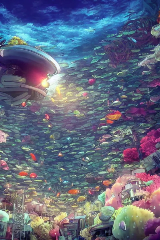 Prompt: a beautiful picture of a city under the sea ， fish shuttle, anime, detailed, 8 k