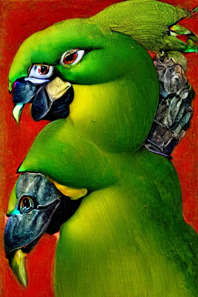 Image similar to a renaissance close up portrait of a green duck parrot as a ninja turtle, centered, triumphant, beautiful intricate painting