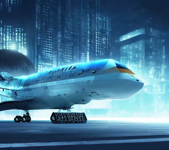 Image similar to futuristic sci fi plane lands at runway of cyberpunk city, night photo ,dark cinematic lighting , digital concept art