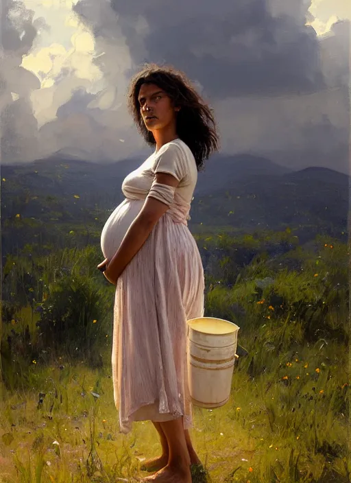 Prompt: portrait of pregnant vilage woman carrying a bucket of water, countryside, fantasy character portrait, dynamic pose, above view, view from above, sunny day, thunder clouds in the sky, artwork by Jeremy Lipkin and Giuseppe Dangelico Pino and Michael Garmash and rob rey, very coherent symmetrical artwork, perfect face, simple form, 100mm