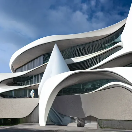 Image similar to raffaello moroder scissors building, external view, designed by zaha hadid, v ray, hd, futuristic