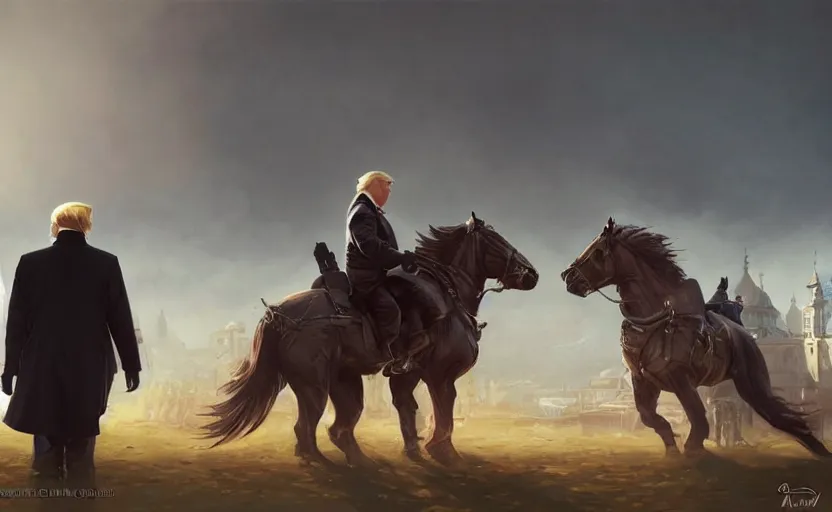 Prompt: Donald Trump vs Vladimir Putin, face to face staring, civil war style, highly detailed, digital painting, artstation, concept art, smooth, sharp focus, illustration, cinematic lighting, art by artgerm and greg rutkowski and alphonse mucha