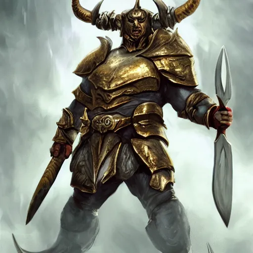 Image similar to Giant minotaur humanoid beast warrior with two handed axe, horned helmet, concept art, heavy white and golden armor, giant horns, portrait, dungeons and dragons, hyperrealism, high details, digital painting, dark fantasy