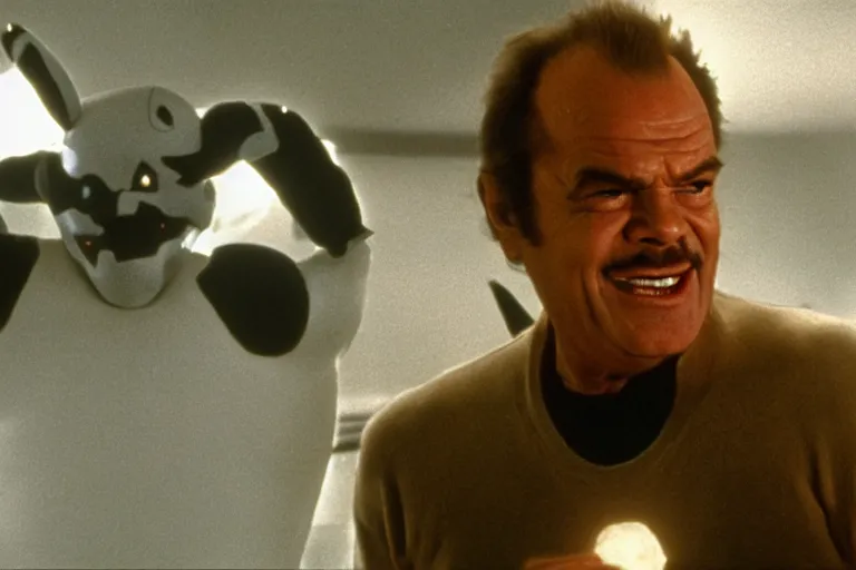 Image similar to Jack Nicholson plays Pikachu Terminator scene where his inner exoskeleton is visible and his eye glows red, still from the film