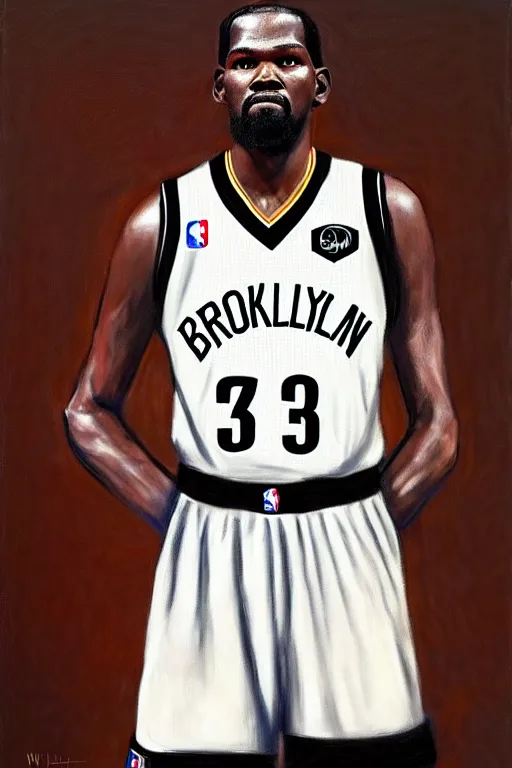 Prompt: full body portrait of the dictator of the brooklyn nets, 1 8 8 9, in full military garb, kevin durant, oil on canvas by william sidney mount, trending on artstation