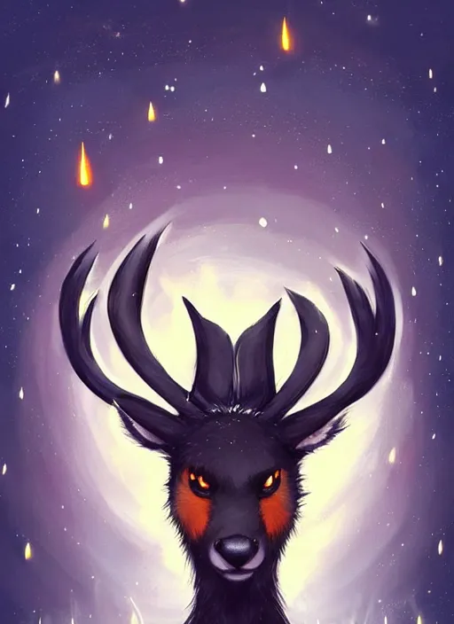 Image similar to award winning beautiful portrait commission of a male furry anthro Black Reindeer fursona with a tail, wings and a cute beautiful attractive detailed furry face wearing stylish black and orange galaxy clothes in a outerspace city at night while it rains. Character design by charlie bowater, ross tran, artgerm, and makoto shinkai, detailed, inked, western comic book art