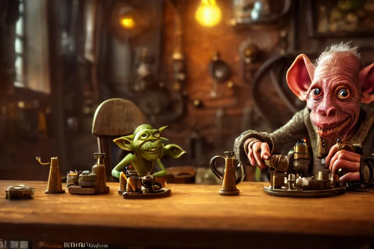 Image similar to a bored male goblin tinkerer sitting alone at a table in a cafe in a steampunk city, close up shot, sharp focus, shallow depth of field, highly detailed face, 8k, unreal engine 5, cinematic lighting, vivid elegant fantasy concept art, character art, warm atmosphere, artstation, deep complimentary colors, photorealistic, hyperdetailed 3D matte painting, hyperrealism, hyperrealistic masterpiece