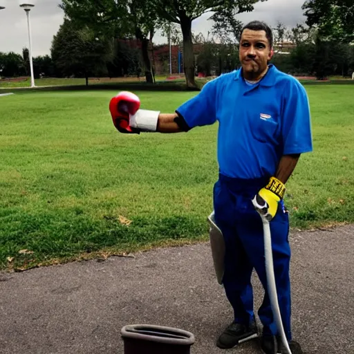 Prompt: janitor at the park, wearing boxing gloves