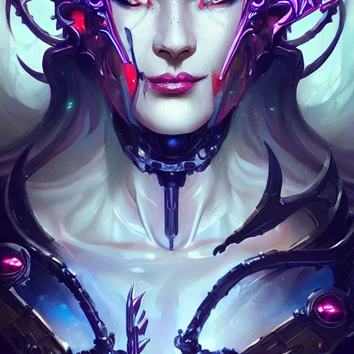 Image similar to a portrait of a beautiful demonic cybernetic grand duchess of hell, cyberpunk concept art by pete mohrbacher and wlop and artgerm and josan gonzales, digital art, highly detailed, intricate, sci-fi, sharp focus, Trending on Artstation HQ, deviantart, unreal engine 5, 4K UHD image