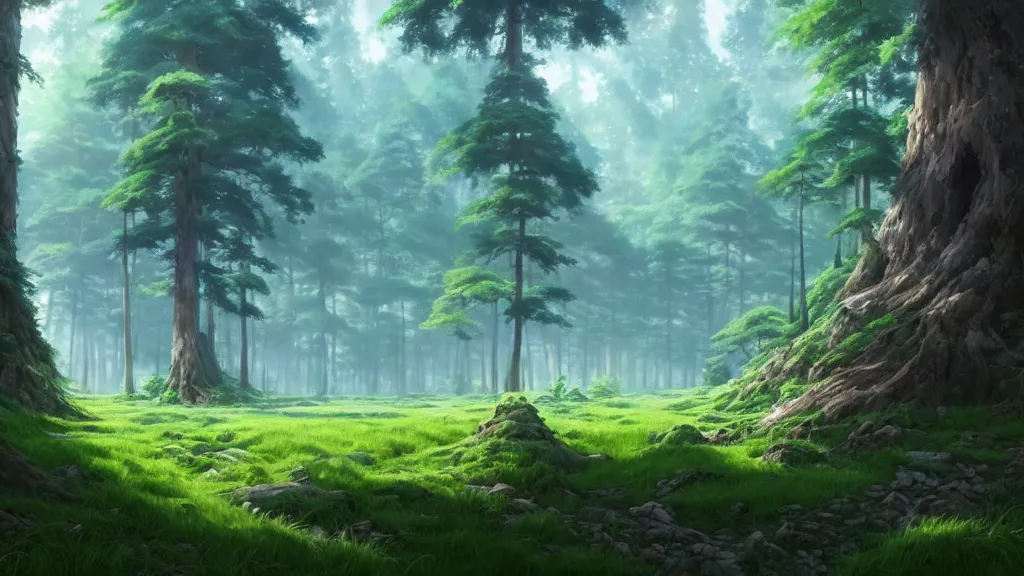 Image similar to forest clearing landscape, studio ghibli, pixar and disney animation, sharp, rendered in unreal engine 5, highly detailed, digital painting, artstation, concept art, smooth, sharp focus, illustration, wide angle, artbook, wallpaper, splash art, promo art, dramatic lighting, art by artgerm and greg rutkowski and bo chen and jin xiaodi