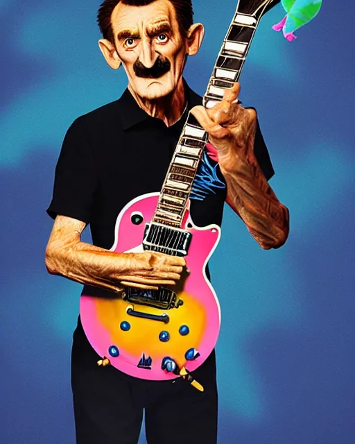 Image similar to barry chuckle ( shredding on a gibson les paul. guitar solo, bold, art by stanisław szukalski, 3 d rendering by beeple )