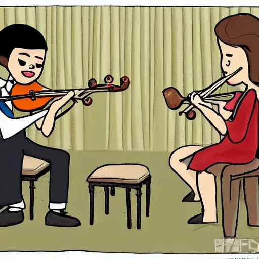 Prompt: someone playing violin, piano, and flute at the same time. Cartoon.