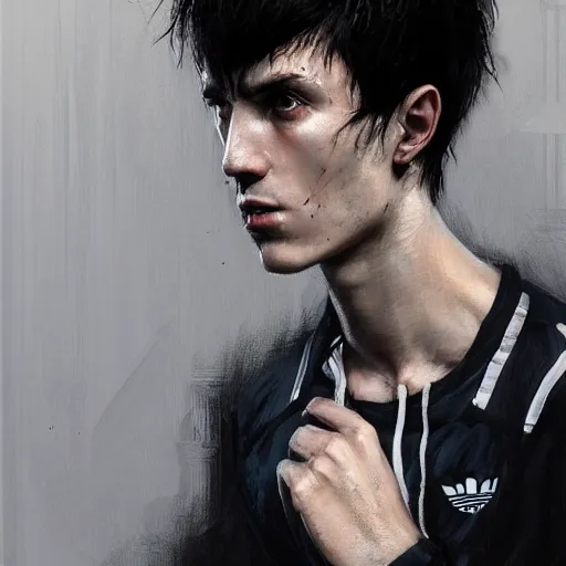 Image similar to Portrait of a man by Greg Rutkowski, he is about 18 years old, british, short black hair with bangs, young, pale, tall and slim, tired look, he's wearing a black adidas tracksuit, highly detailed portrait, scifi, digital painting, artstation, concept art, smooth, sharp foccus ilustration, Artstation HQ