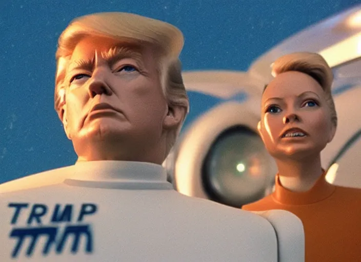 Image similar to screenshot from moody scene of Donald Trump dreaming on a spaceship, scene from the film Contact 1999 film directed by Jodi Foster, kodak film stock, anamorphic lens, 4K, film grain, detailed, stunning cinematography