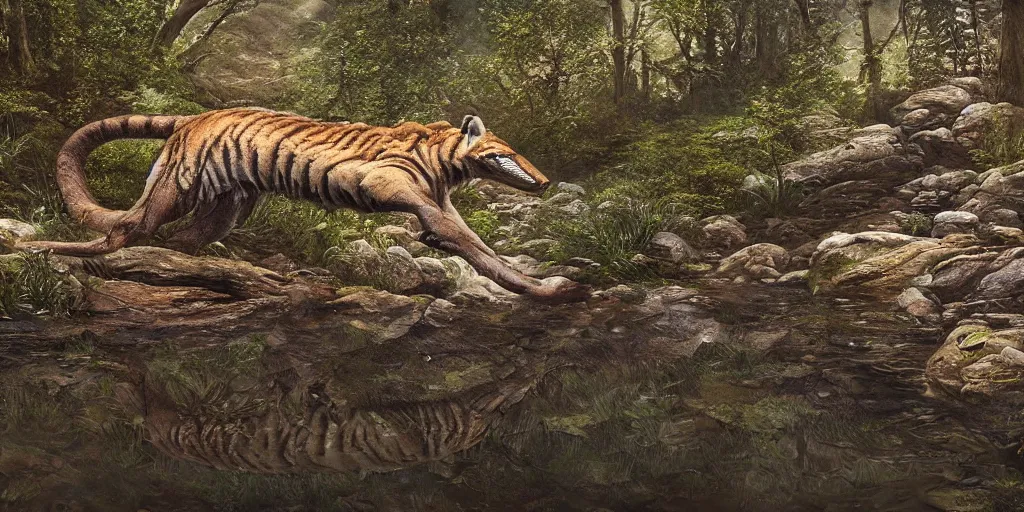 Image similar to Intricate detailed illustration, Tasmanian Tiger reflected in an alpine stream, cinematic lighting, by Philip Hood, wide angle, volumetric light scattering, 8k, artstation, concept art,