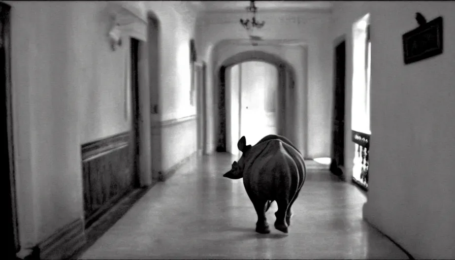 Image similar to a rhinoceros in a stalinist style house corridor, by mini dv camera, very very low quality, heavy grain, very blurry, accidental flash, caught on trail cam