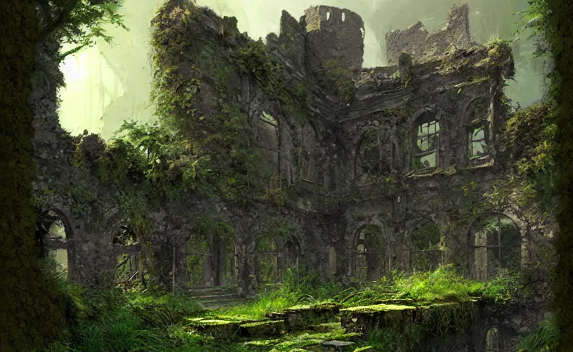 Image similar to ruins of an old castle covered by plant and moss by greg ruthkowski and craig mullins