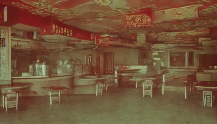 Image similar to 70s movie still of empty north-korean restaurant palace with propaganda fresco, eastmancolor, heavy grain, high quality, higly detailed