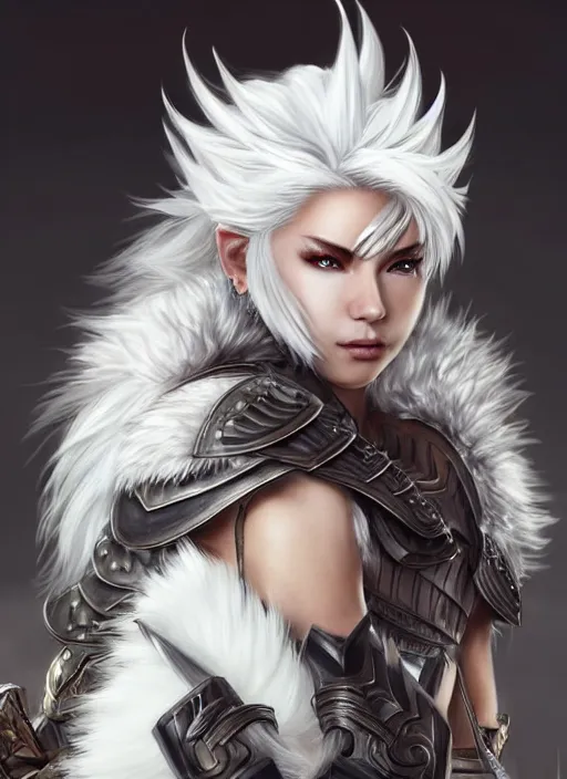 Prompt: warrior, fur - lined armor!!! beautiful and gorgeous white haired female!! monster hunter!! character concept art, sharp focus, octane render! unreal engine 5! highly rendered!! trending on artstation!! detailed linework!! illustration by artgerm, wlop, and chie yoshii