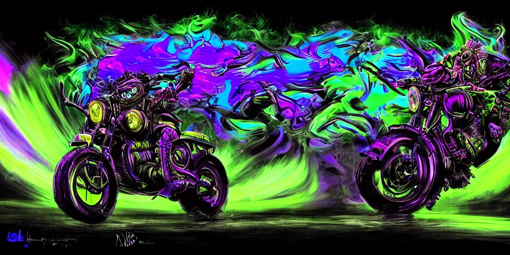 Image similar to psychedelic blacklight neon airbrush artwork, motorcycle, hyper stylized action shot of an orc popping a wheelie on a motorcycle, menacing orc, clear focused details, soft airbrushed artwork, black background, apocalyptic, cgsociety, artstation, peter lloyd art, peter palombi art