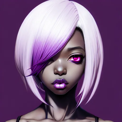 Prompt: portrait of a black anime manga girl, french bob hair, white hair, purple colored eyes, by artgerm, james jean, tom bagshaw, gerald brom, vaporwave colors, lofi colors, vaporwave, lofi, goth vibe, 4 k, smooth, hd, substance designer render, full body character concept art, symmetrical, 2 point lighting,