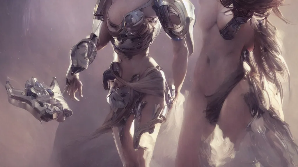 Image similar to modern elegant female cyborg greek goddess, space opera, feminine, powerful, beautiful, upper body, muscular, armour, highly detailed, digital painting, platinum, ghibli animated film, volumetric lighting, octane render artstation, concept art, smooth, sharp focus, illustration, by gaston bussiere, mucha, gerome, craig mullins, greg rutkowski, john singer sargent