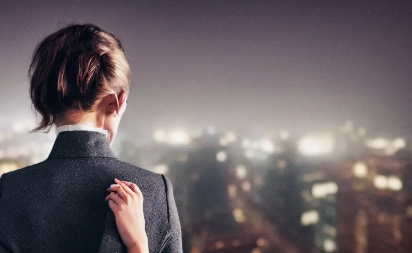 Prompt: a wide shot of a woman with a wool suit, very short dark hair, blurred face, wearing an omega speedmaster on her wrist in front of a crowded dystopian city full of people walking at night with fog and cyberpunk lights