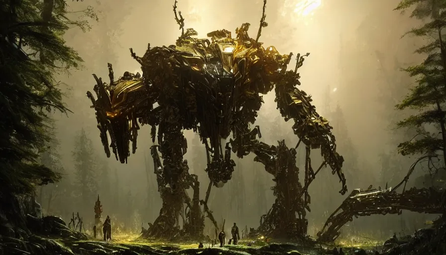 Image similar to large walking mech covered in gold and silver armor with elden ring and horizon zero dawn aesthetic, covered in moss and birds, glowing lights, beautiful forests and trees, intricate detail, epic wallpaper, art by darek zabrocki and John Park and Feng Zhu and Jason Chan, trending on artstation, masterpiece.