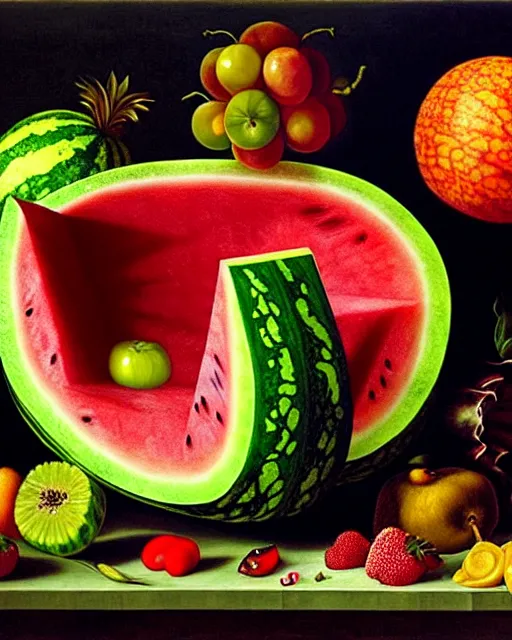 Image similar to interdimensional watermelon being made out of fruits, ethereal still life renaissance painting by giuseppe arcimboldo and alex grey