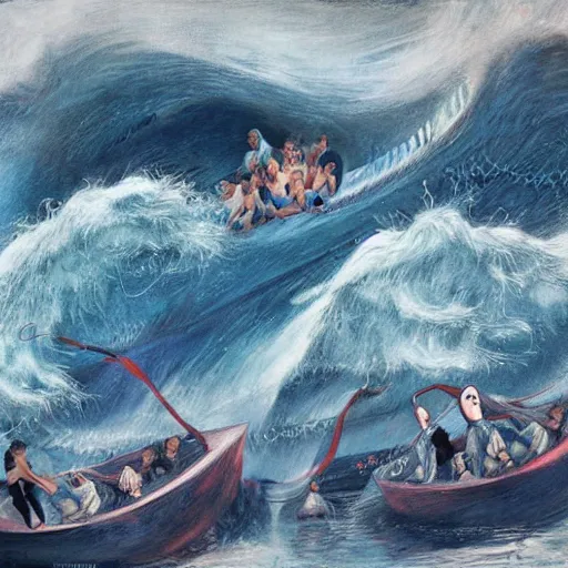 Prompt: by marco mazzoni, by ernst wilhelm nay relaxed, spirited. the performance art of a huge wave about to crash down on three small boats. the boats are filled with people, & they all look terrified.