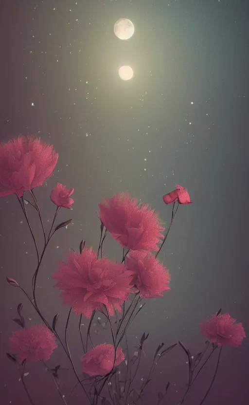 Image similar to flowers under the moonlight, vintage soft render, volumetric lighting, 3d grainy aesthetic illustration, editorial magazine cover