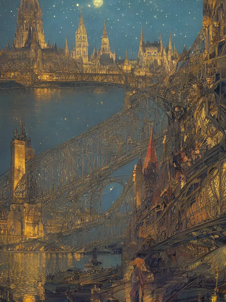 Image similar to a view from the river of budapest or paris at night with the sky full of stars, intricate, elegant, highly detailed, digital painting, artstation, concept art, smooth, sharp focus, colored illustration for tattoo, art by krenz cushart and artem demura and alphonse mucha,