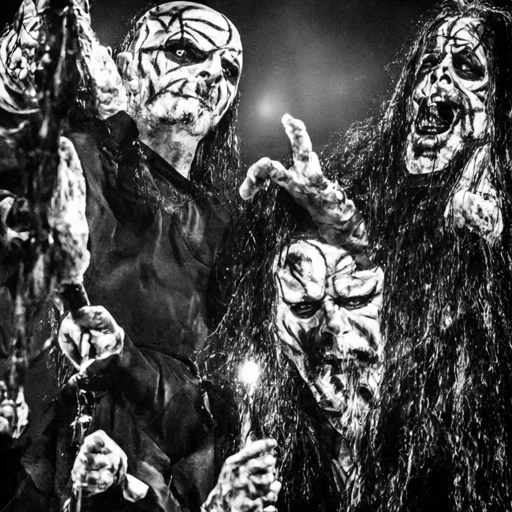 Prompt: walter white wearing corpse paint, performing in black metal concert