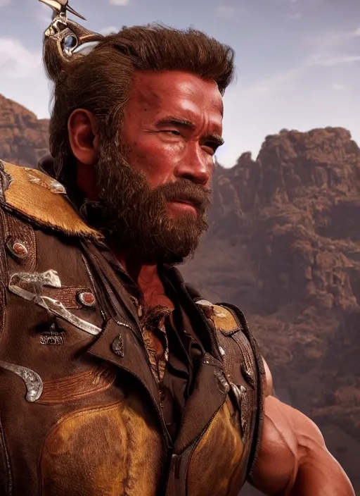 Prompt: an film still of arnold schwarzenegger as cowboy with beard, western background, unreal engine. amazing likeness. very detailed.