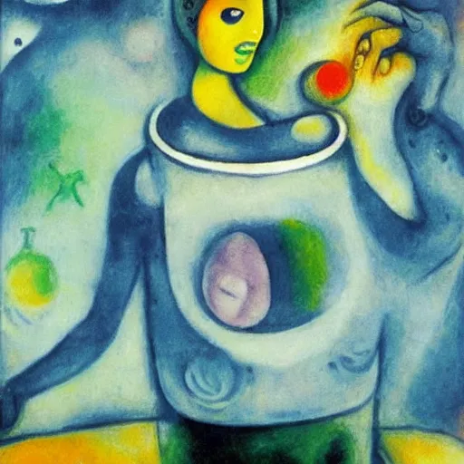 Image similar to an alien drinking horchata, detailed, painting by marc chagall